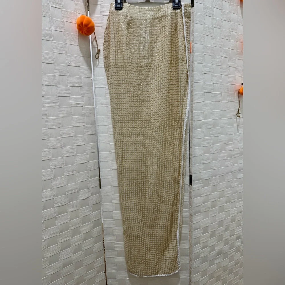 PrettyLittleThing Gold Sequin Sheer High Split Maxi Skirt Size 4